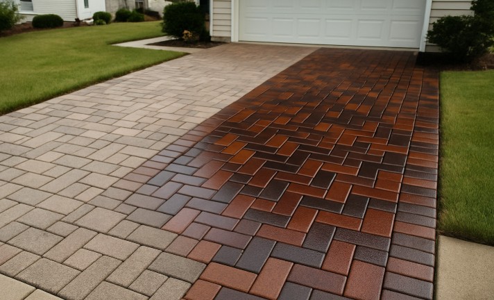 Before and after driveway sealing showing dramatic color enhancement and restoration