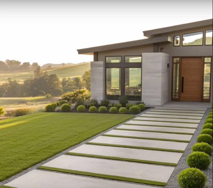 Modern Walkway with Grass Strips